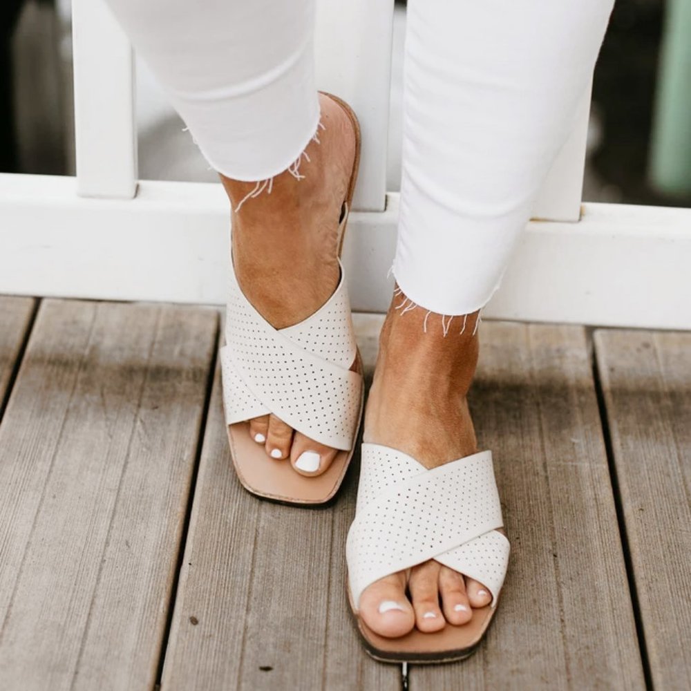NEW Mi.iM White Perforated Slip On Slide Sandals - Picture 1 of 9